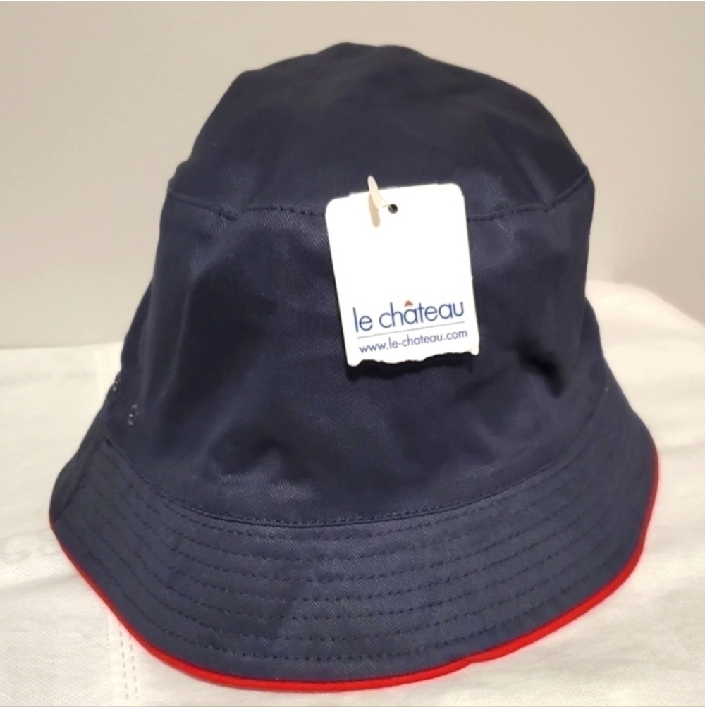 Le Chateau Y2K Bucket Hat Canvas Fabric Festival Lightweight Navy Blue Red Rare